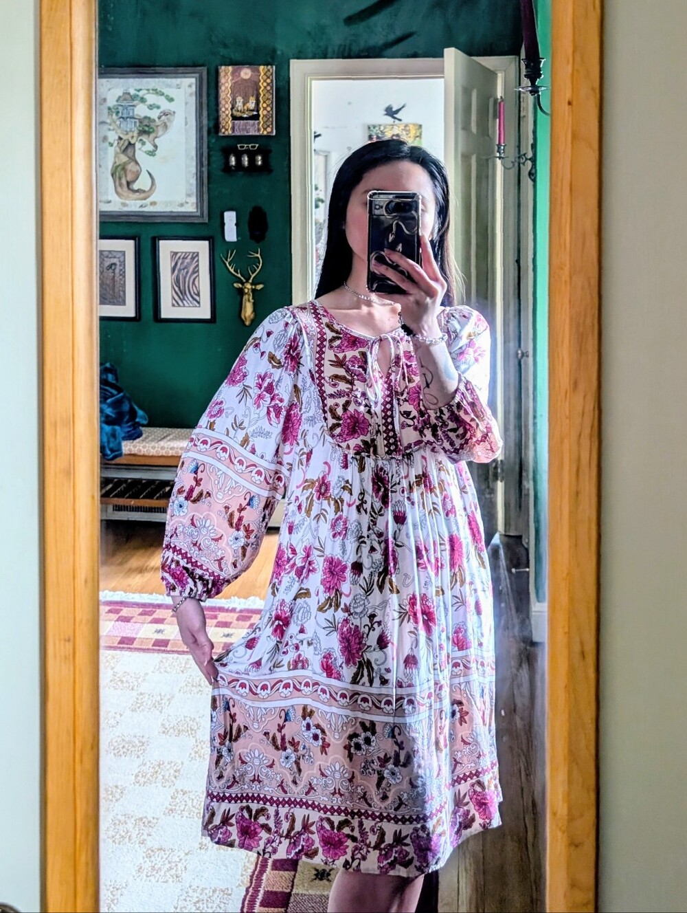 Floral Boho Peasant Dress in White and Pink